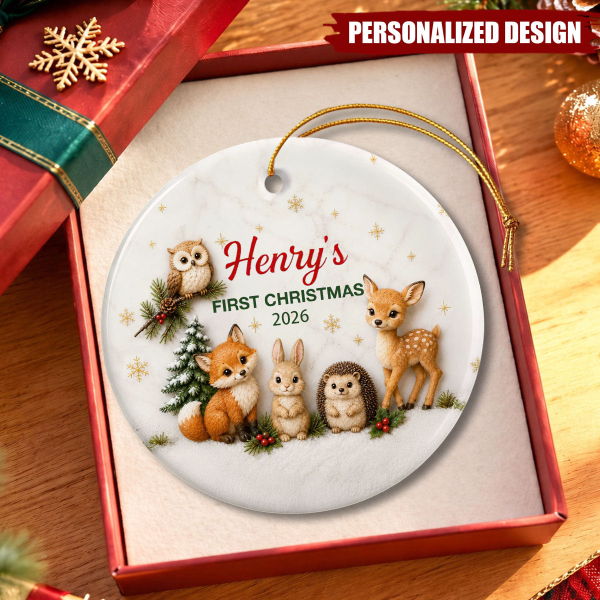 Personalized Baby First Christmas Woodland Animals Ceramic Ornament