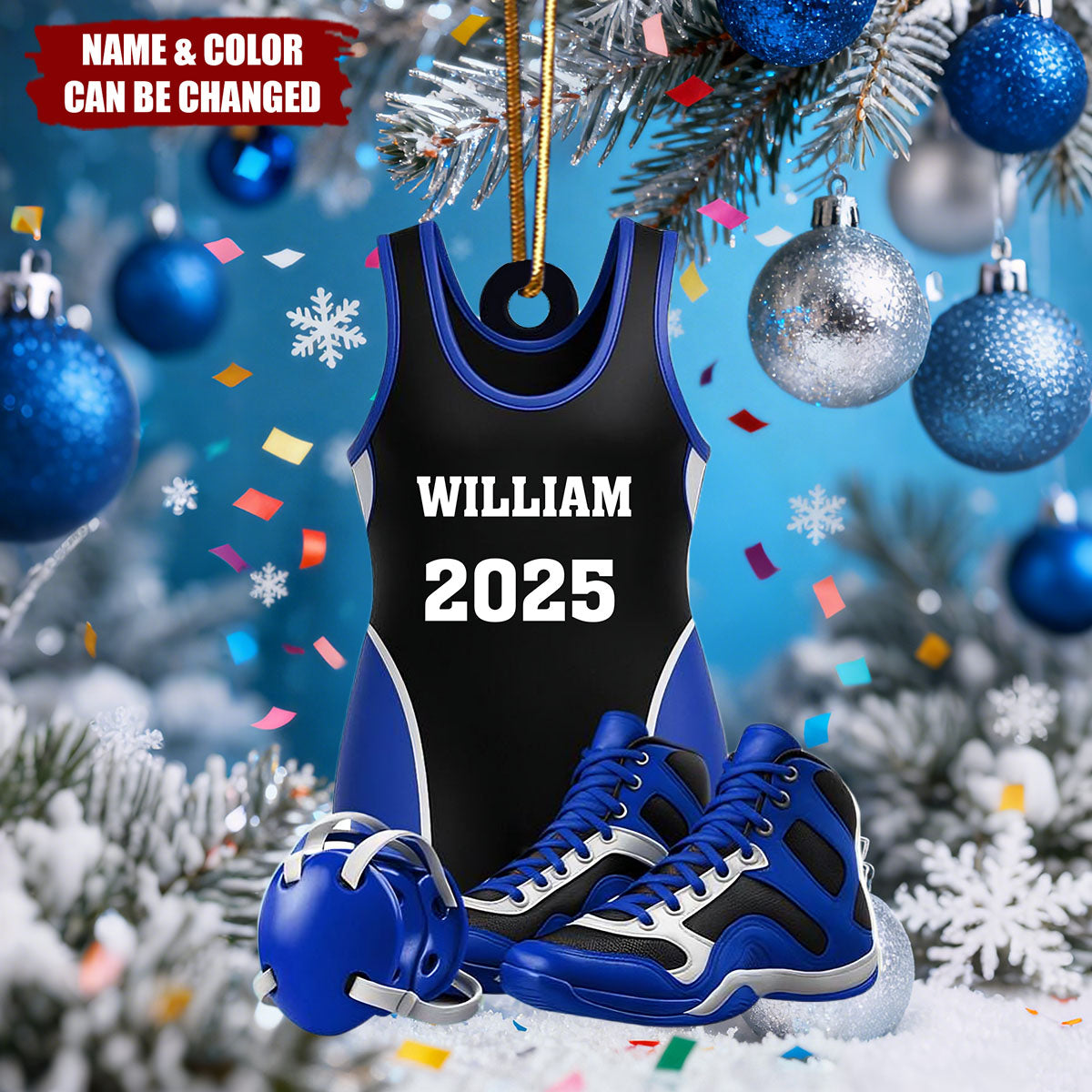 Personalized Wrestling Ornament: Acrylic Shoes & Headgear, Xmas Tree Decor