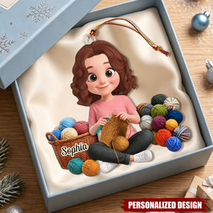 Personalized Crochet Girl Christmas Ornament - Knitting Lover Hanging Decoration