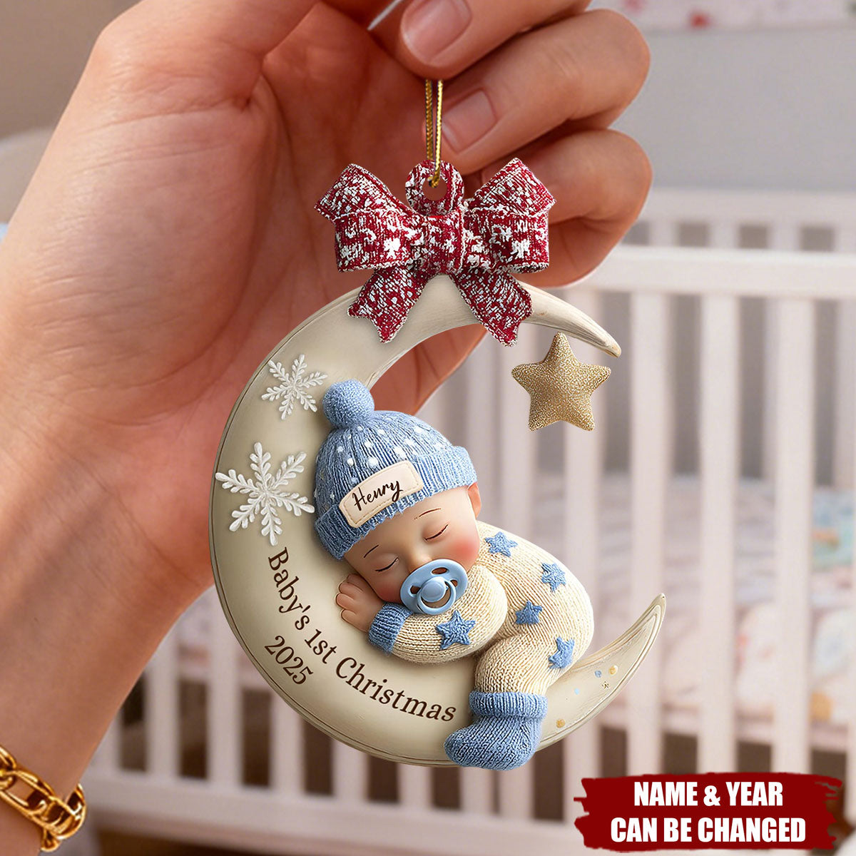 Baby’s First Christmas Ornament, Custom Moon Acrylic Keepsake