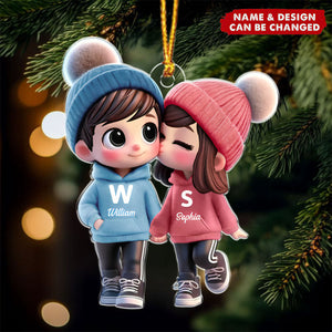 Cute Cartoon Couple Walking Personalized Acrylic Christmas Ornament
