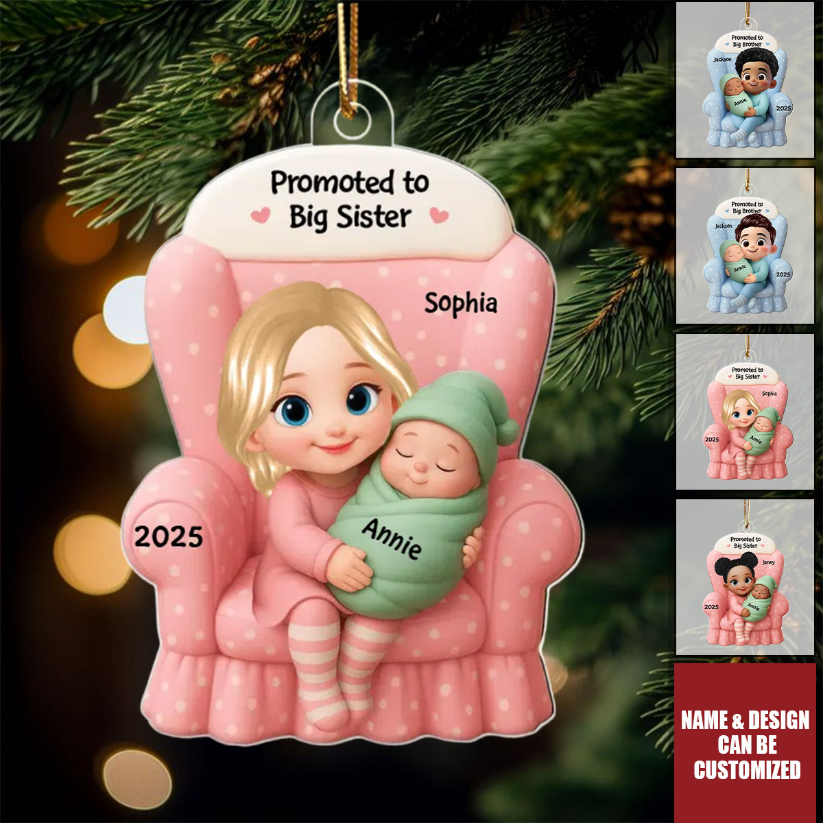Big Brother, Big Sister And Baby - Personalized Acrylic Ornament, Baby Announcement Gift