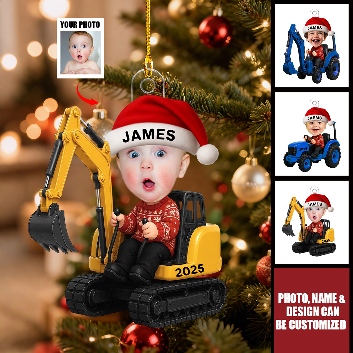 Custom Photo Little Boy Kid With Car Excavator Backhoe Tractor Christmas Personalized Acrylic Ornament