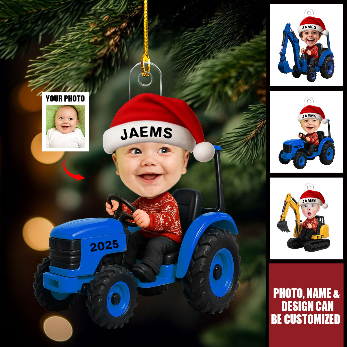 Custom Photo Little Boy Kid With Car Excavator Backhoe Tractor Christmas Personalized Acrylic Ornament