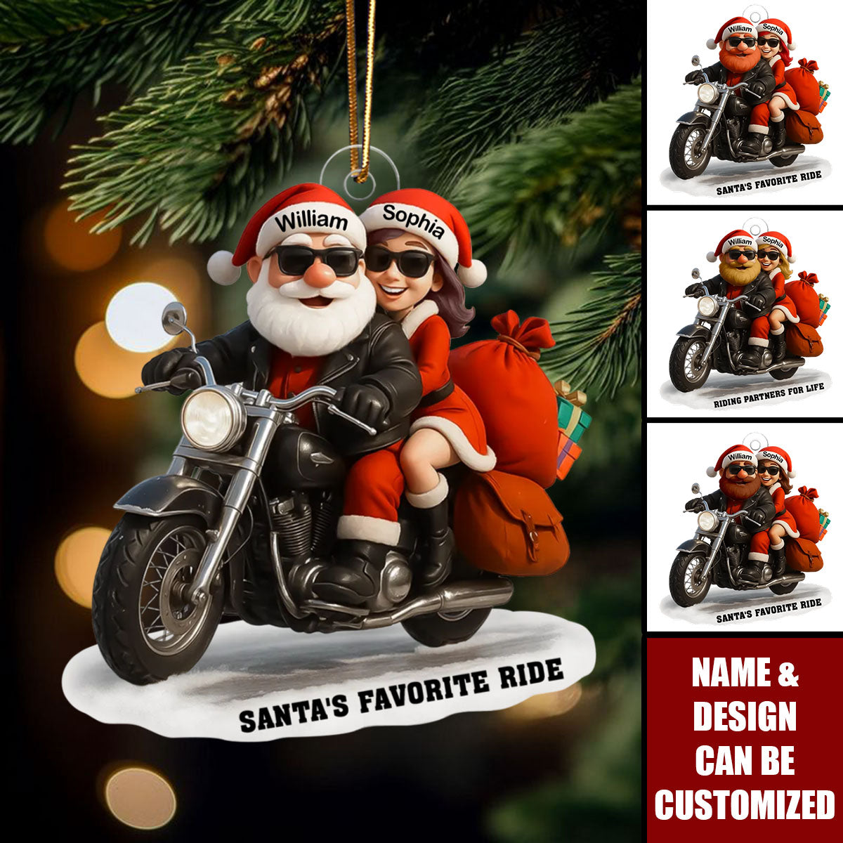 Bikers Santa Couple Riding Partners for Life - Personalized Acrylic Ornament, Gift for Him, Gift for Her