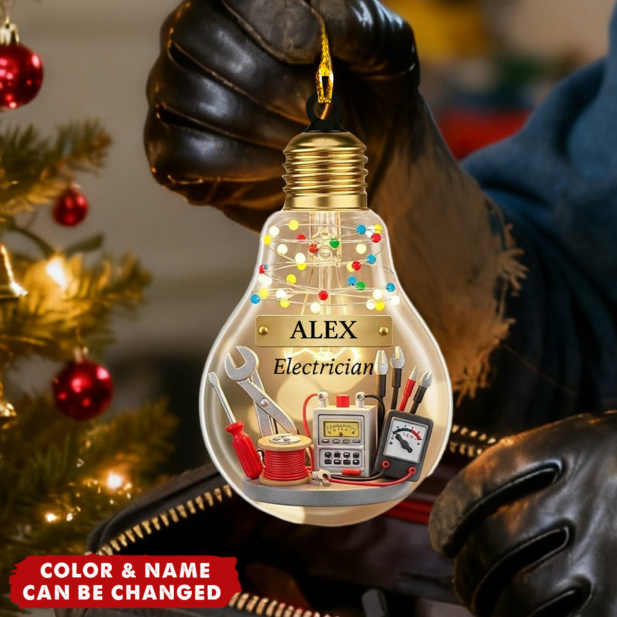 Personalized Light Bulb Ornament, Custom Name Electrician Christmas Gift, Tools Decor, Xmas Keepsake for Electrician