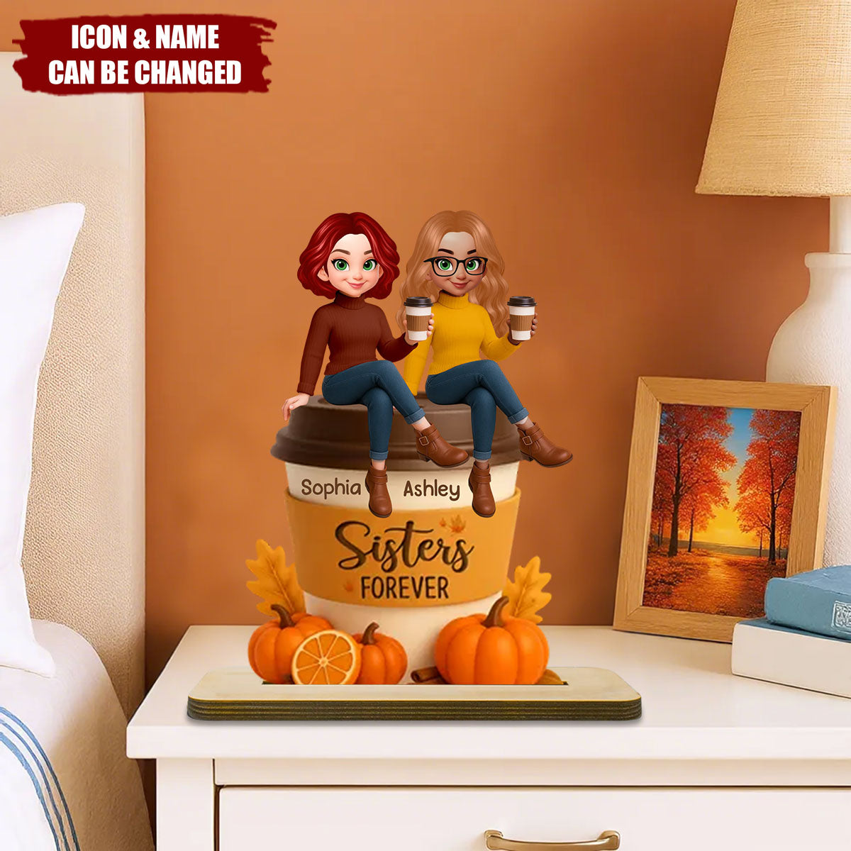 Fall Season Besties Sitting On Pumpkin Spice Latte Personalized Standing Wooden Plaque