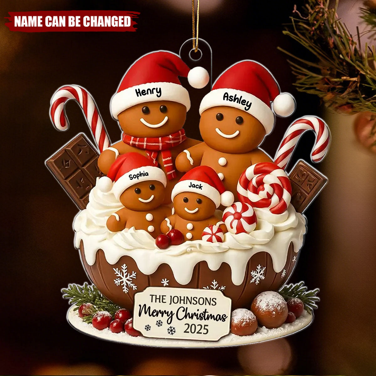 Gingerbread Family Holiday Delight Personalized Acrylic Ornament, Christmas Tree Decor, Family Ornament