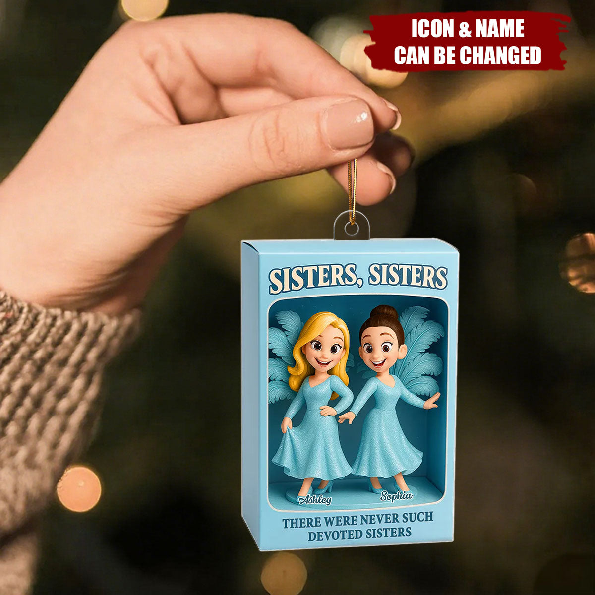 Sisters Besties in Blue Dress Custom Name Toy Box Figure Style Acrylic Ornament