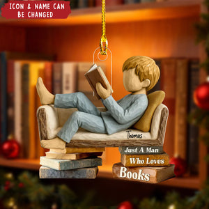 Man Woman Reading Book On Sofa - Personalized Wooden Ornament - Christmas Gift For Book Lover, Bookworm