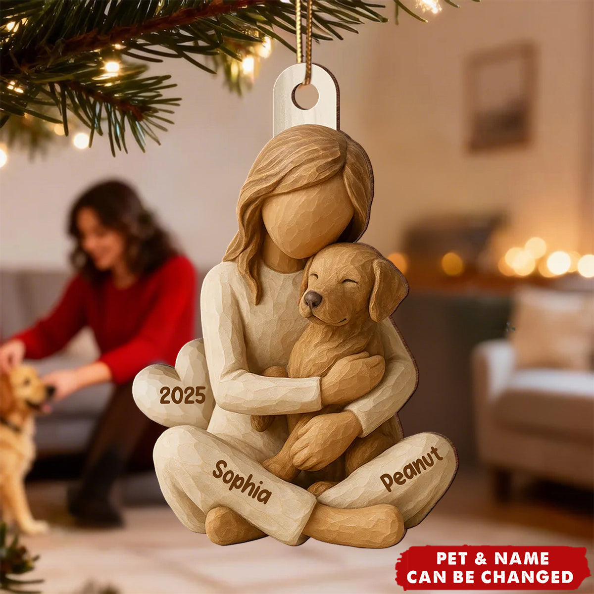 Girl & Her Dog - Personalized Wooden Ornament - Gift For Dog Lover