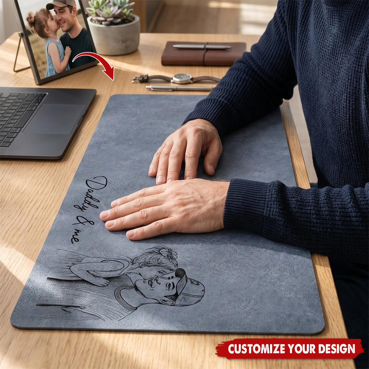 Father's Day Gifts, We Love You Custom Photo Sketch Line Art Father's Day Gift For Husband, Dad - Personalized Desk Mat