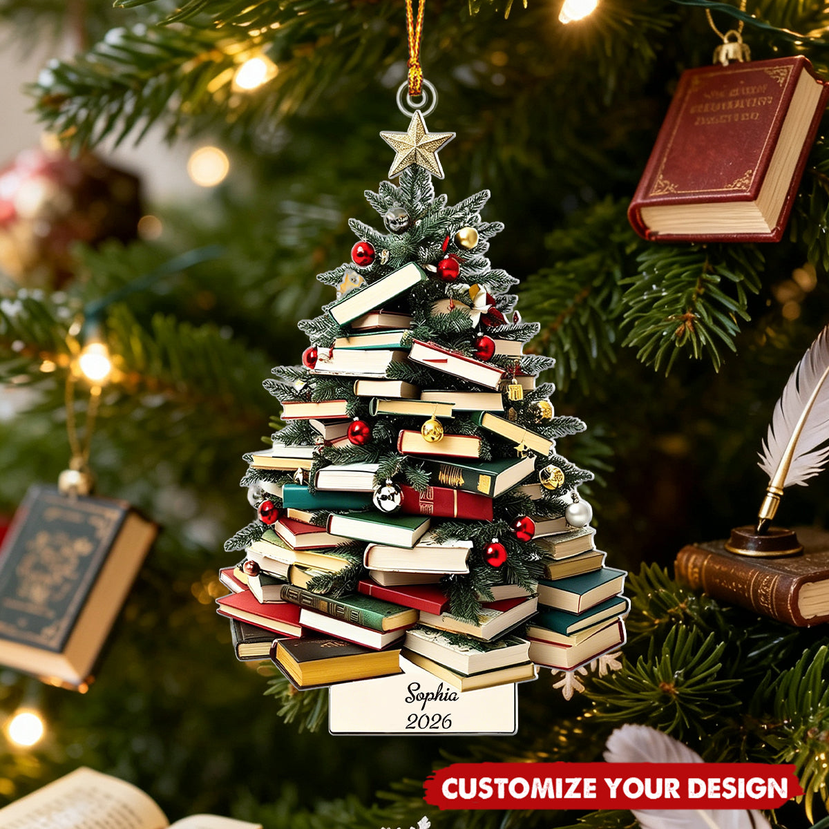 Custom Book Tree Christmas Ornaments for Book Lovers, Book Club Gifts - Personalized Acrylic Ornament