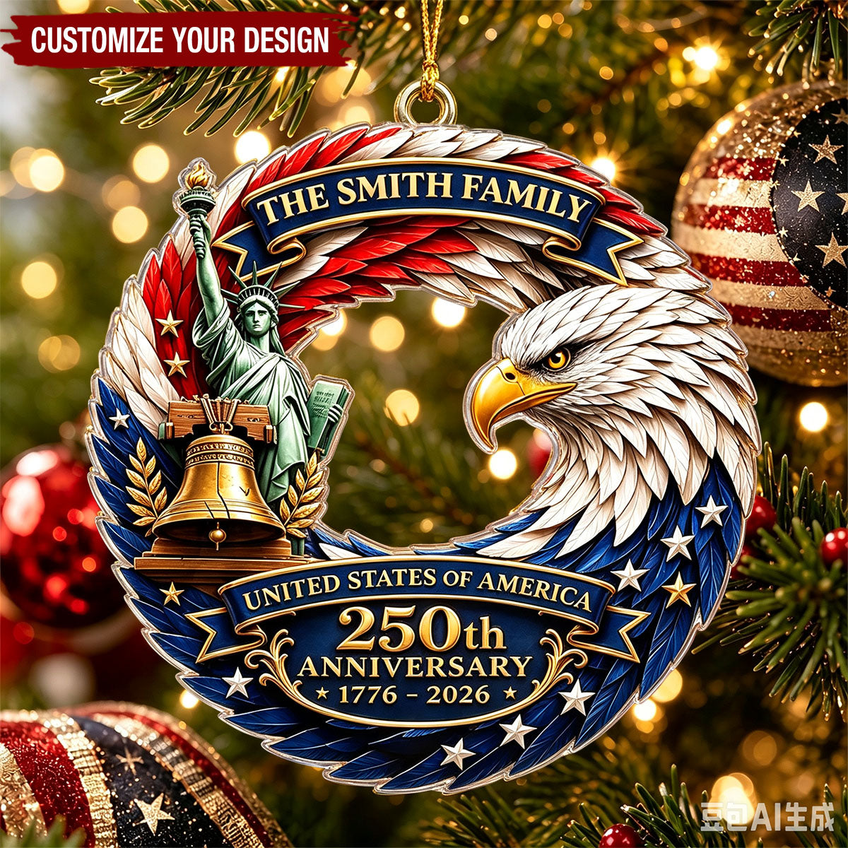 Patriotic Bald Eagle America 250th Anniversary Ornament - Personalized Acrylic Ornament