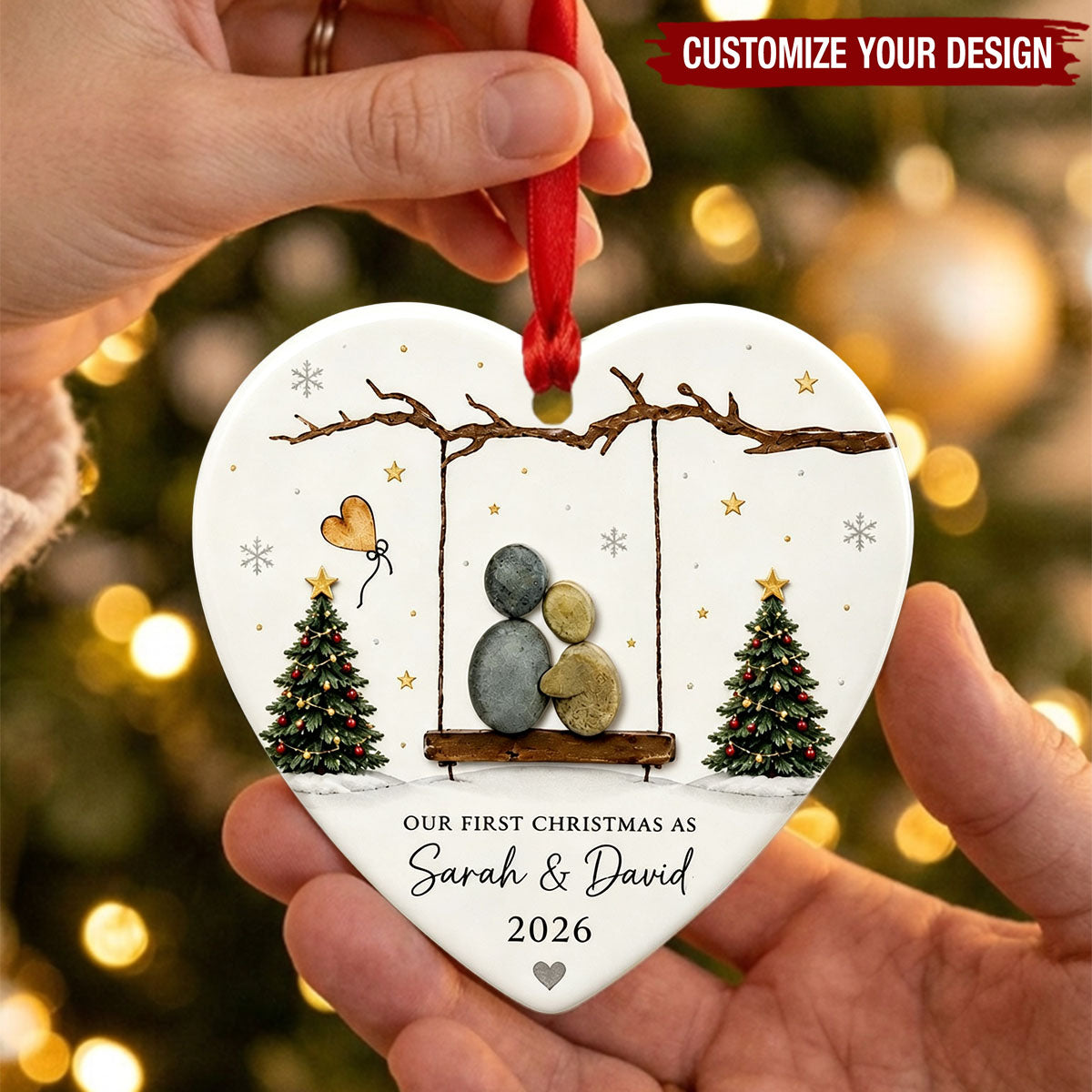 Custom Couple Heart Ceramic Ornament, First Christmas Newlywed Keepsake Tree Gift
