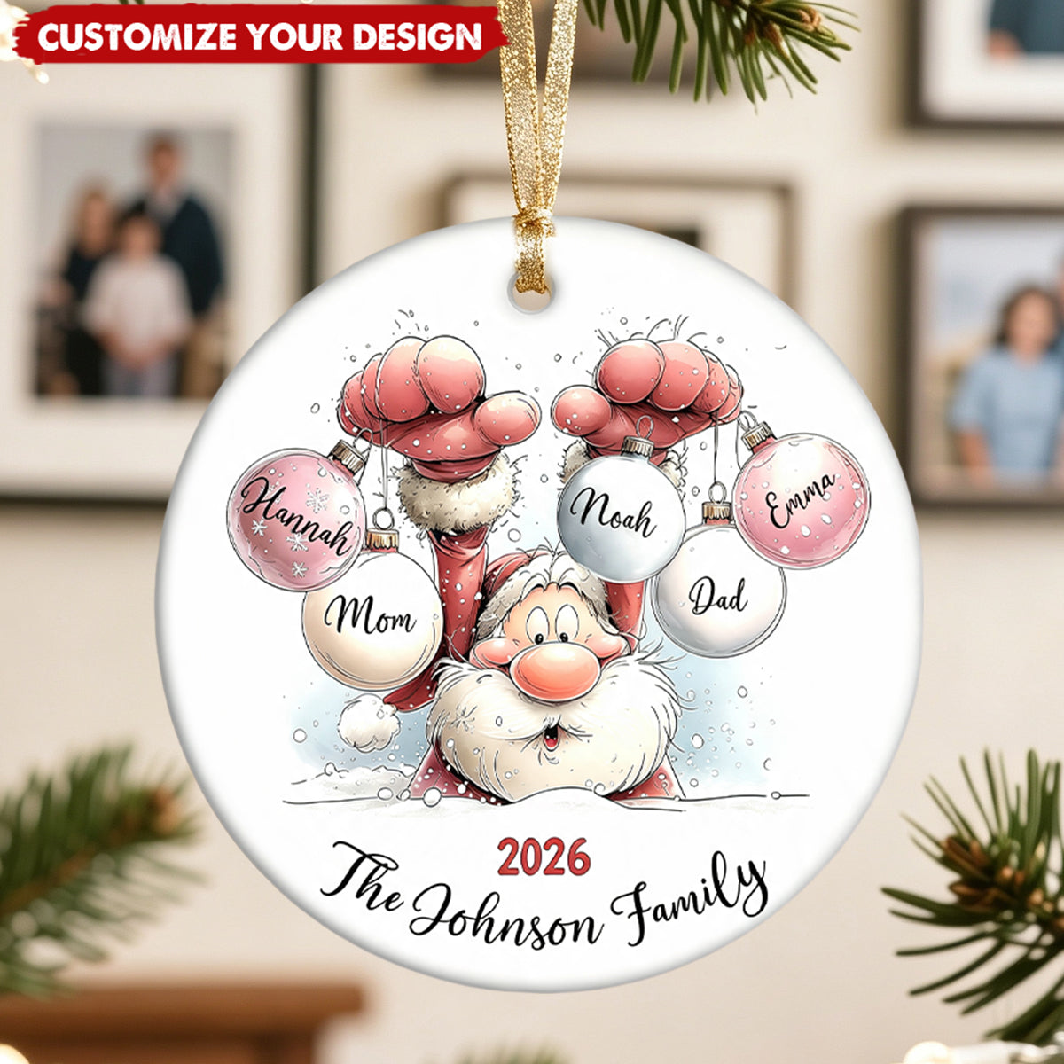 Santa Custom Family Name - Personalized Ceramic Christmas Ornament