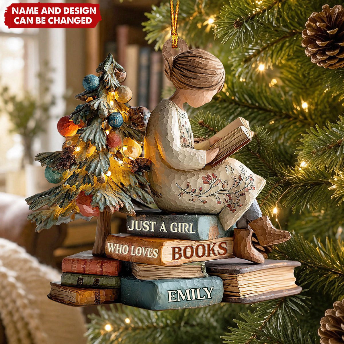 Personalized Book Lover Christmas Ornament, Girl Who Loves Books