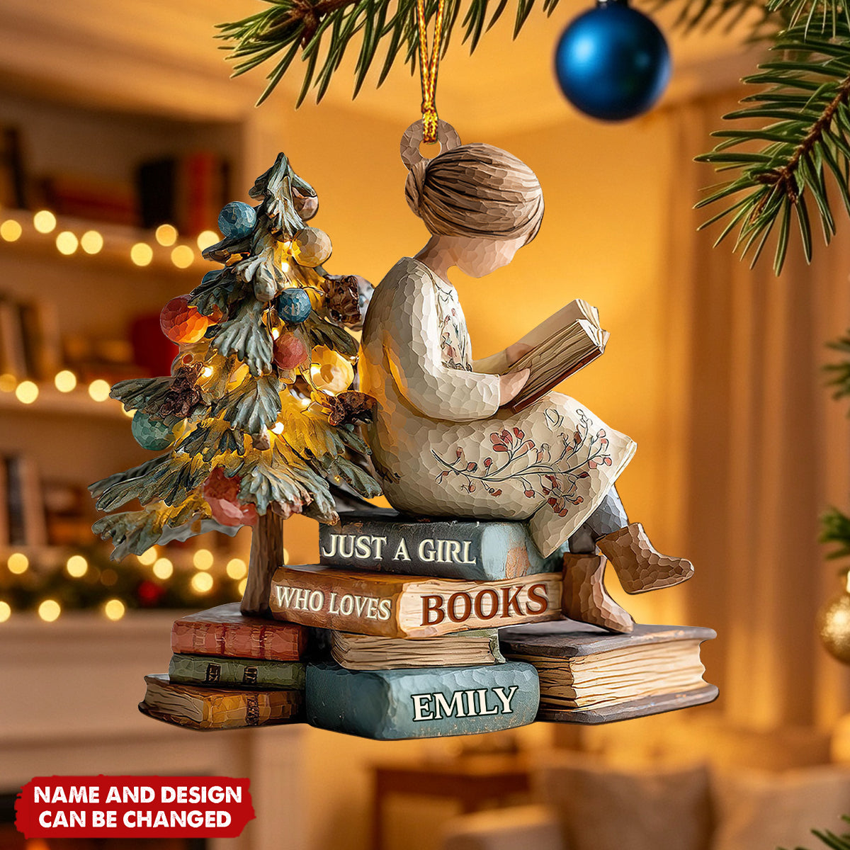 Personalized Book Lover Christmas Ornament, Girl Who Loves Books
