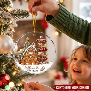 Personalized 2026 Family Glass Christmas Ornament - Custom Name Gingerbread Sign Post