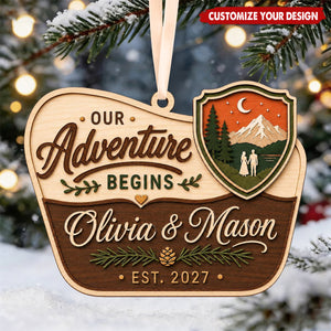 Personalized Wooden Couple Ornament, Our Adventure Begins Mountain Christmas Souvenir