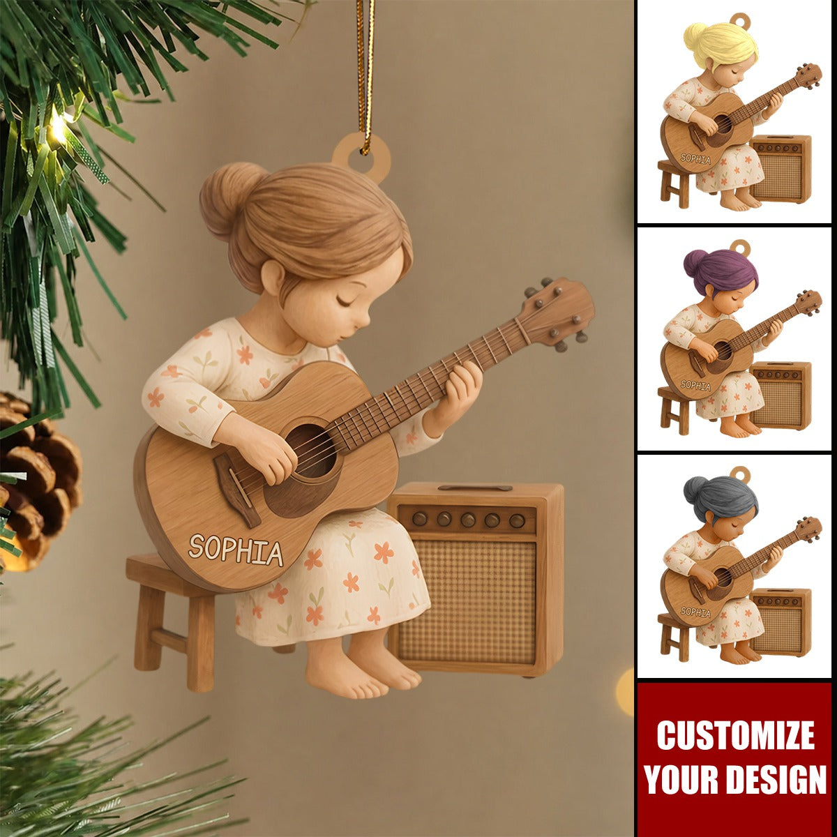 Personalized Guitar Players Wooden Ornament, Christmas Gift for Music Lovers