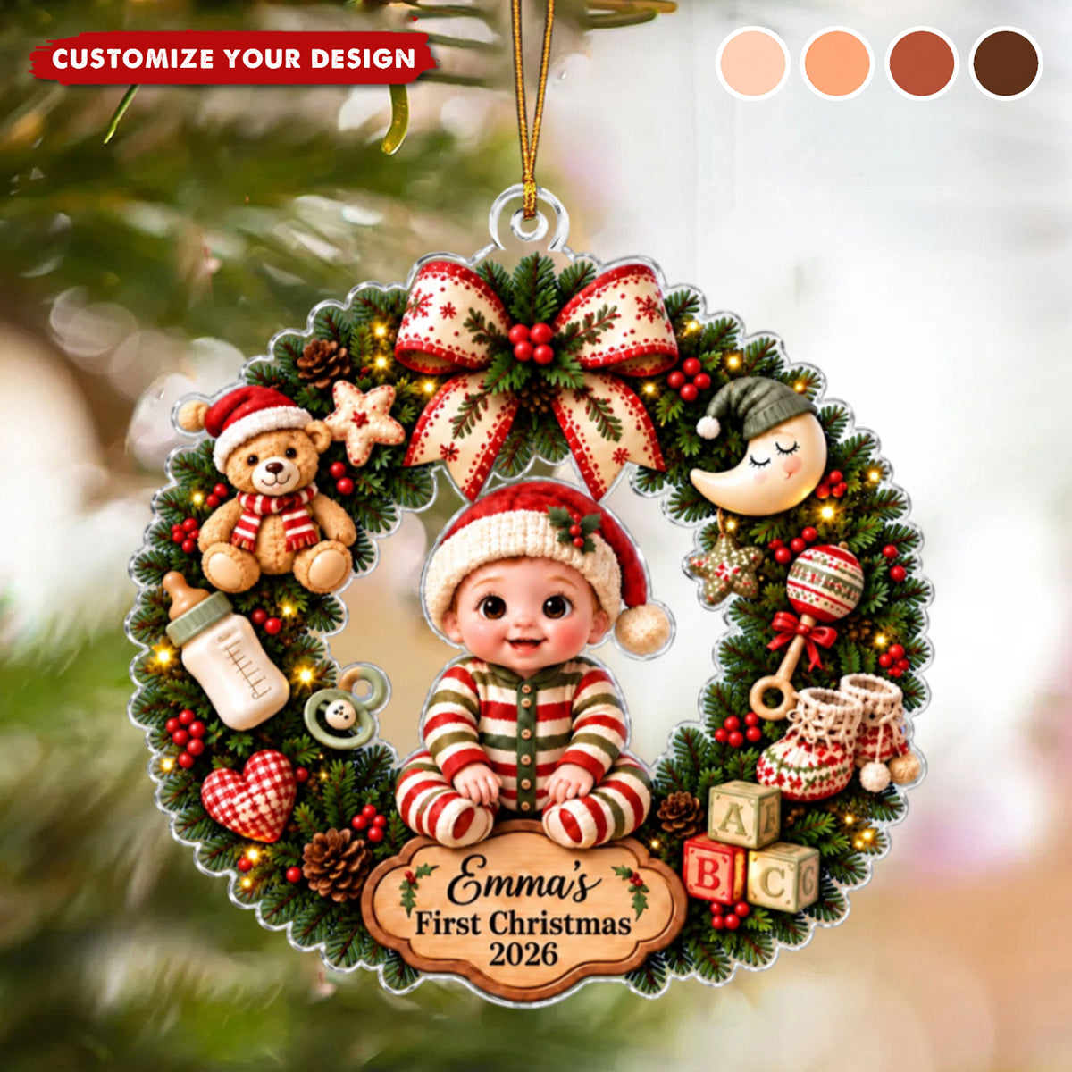 Personalized Baby 1st Christmas Acrylic Wreath Ornament, Custom Baby Name Christmas Keepsake