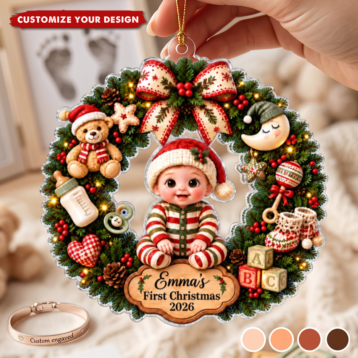 Personalized Baby 1st Christmas Acrylic Wreath Ornament, Custom Baby Name Christmas Keepsake