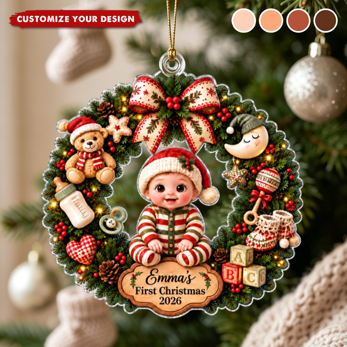 Personalized Baby 1st Christmas Acrylic Wreath Ornament, Custom Baby Name Christmas Keepsake