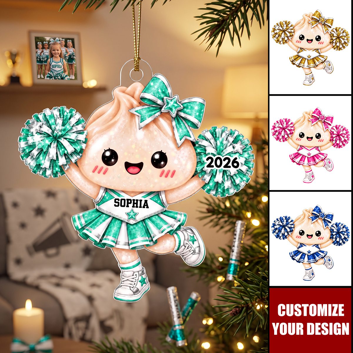 Personalized Cheerleader Acrylic Ornament, Dumpling Cheerleader Gift for Daughter