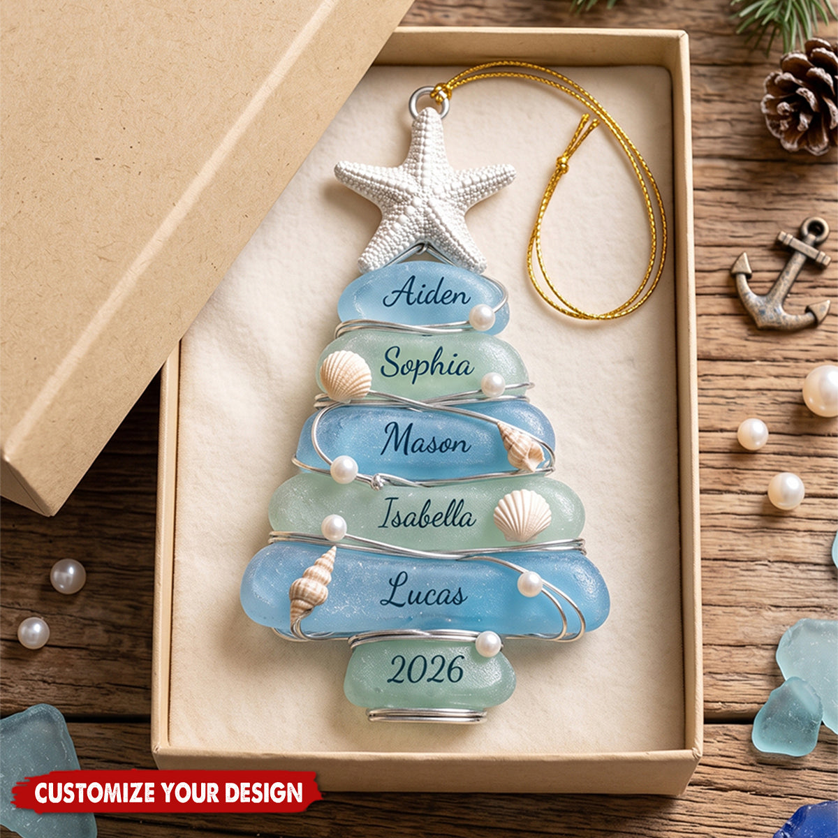 Personalized 2026 Sea Glass Tree Acrylic Ornament, Coastal Family Christmas Keepsake